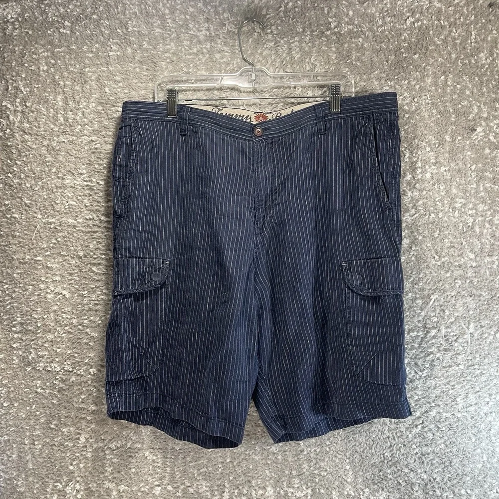 Tommy Bahama Paradise Nation Linen Cargo Shorts 38 Navy Blue Striped Casual